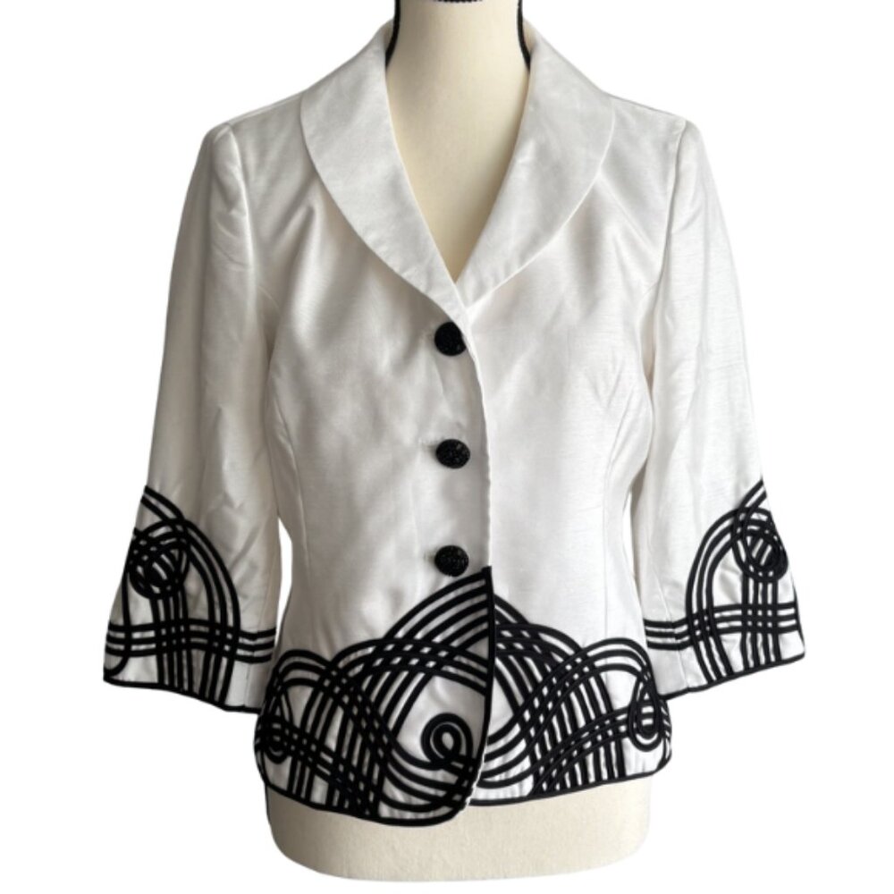 KASPER BEAUTIFUL SOUTACHE EMBELLISHED 3/4 SLEEVES OFF-WHITE JACKET, SZ. 6P